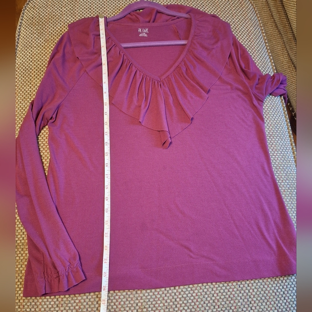 Women's Ruffled V-Neck Top - Burgundy - Picture 7 of 9